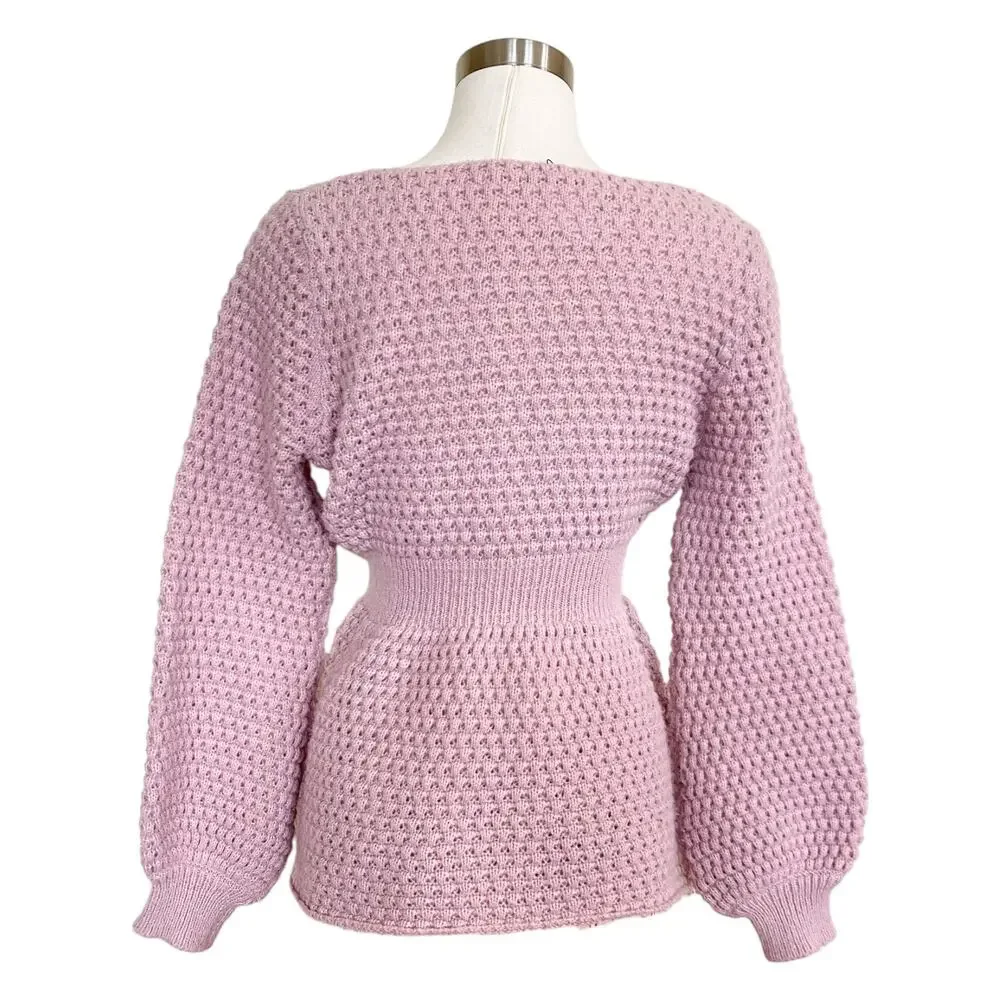 Pink Knitted Balloon Sleeve Peplum Sweater Ditsy Twee Pastel Cottagecore NWOT